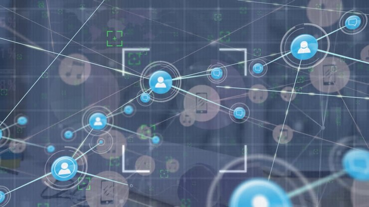 Animation of network of connections with people icons and data processing