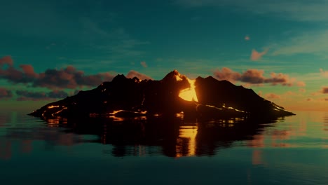 morphing rocky lava island in calm water at sunset looping background