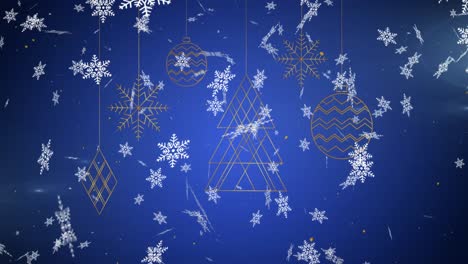 Animation-of-christmas-decorations-hanging-and-snow-falling-on-blue-background