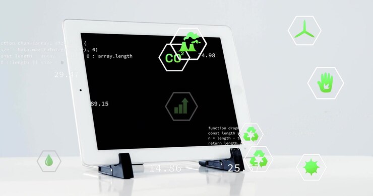 Tablet Displaying Environmental Data and Sustainability Icons