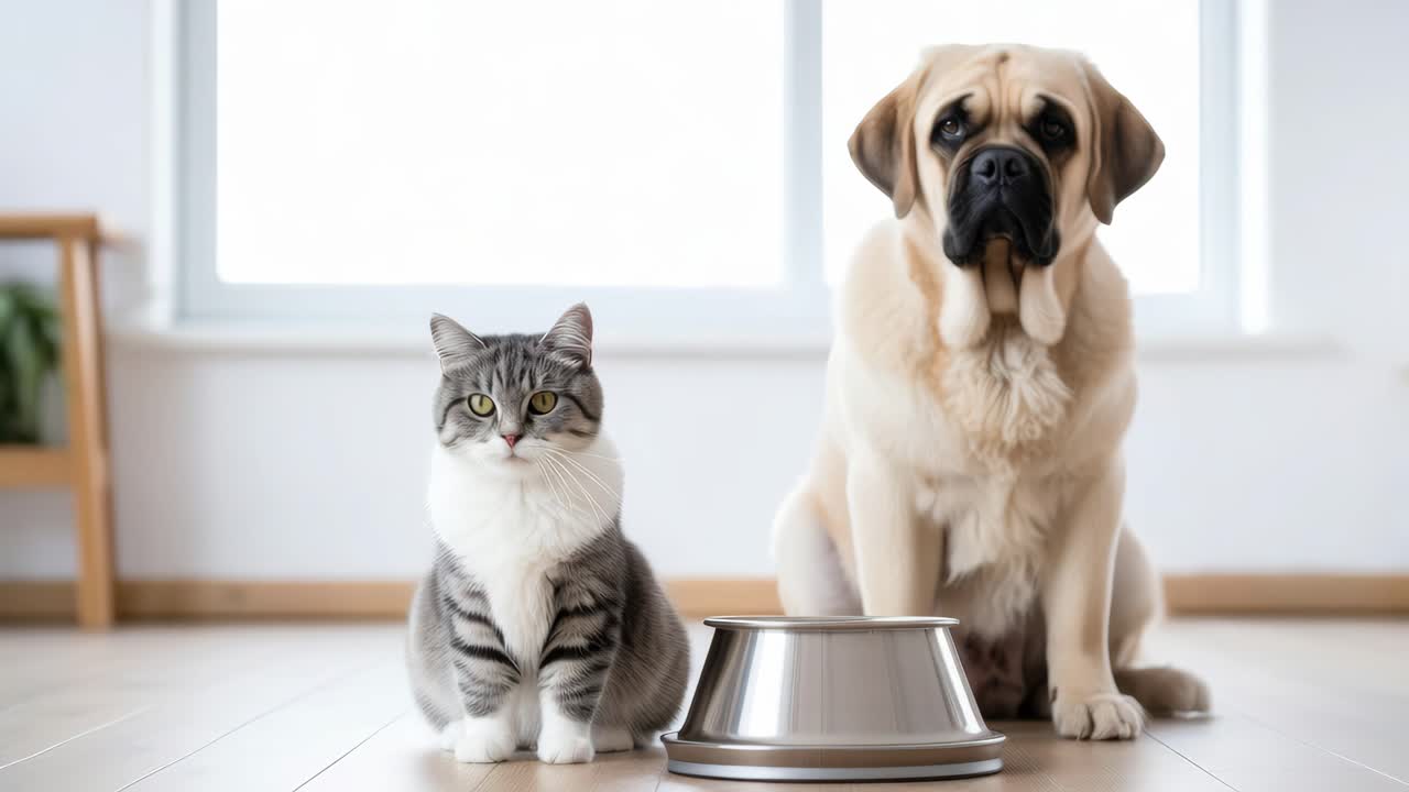 Ein verspieltes Videokonzept mit einer Katze und einem Hund, die in einem hellen Raum nebeneinander sitzen