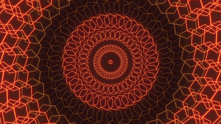 Motivo geometrico psichedelico rosso con luce al neon a spirale