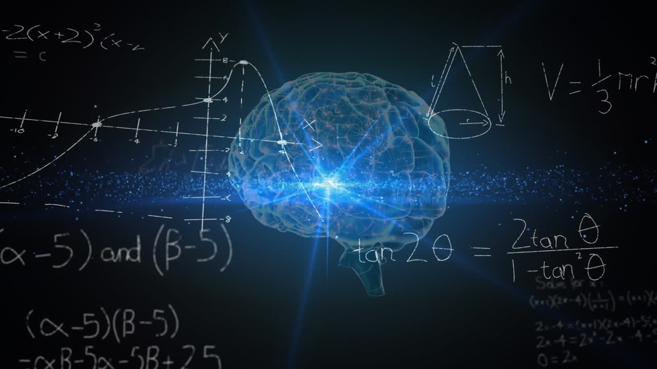 Animation of mathematical equations and data processing over human brain