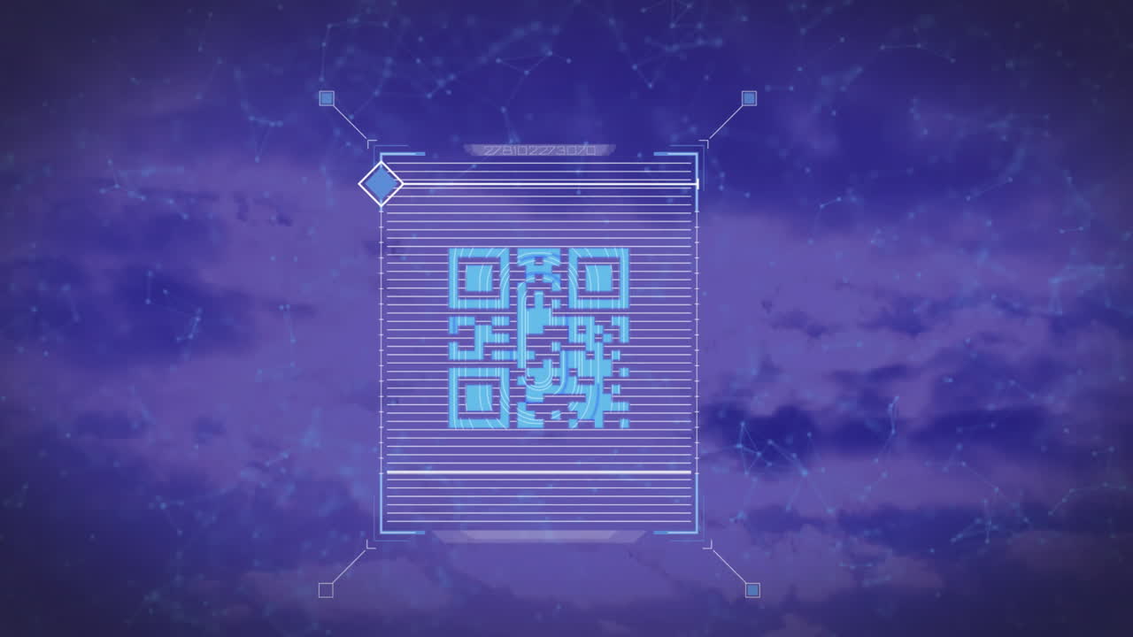 Animation of qr code and network of connections over purple background