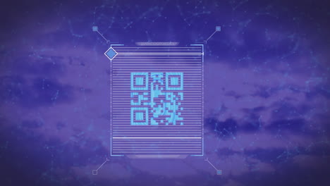 Animación-De-Código-Qr-Y-Red-De-Conexiones-Sobre-Fondo-Morado