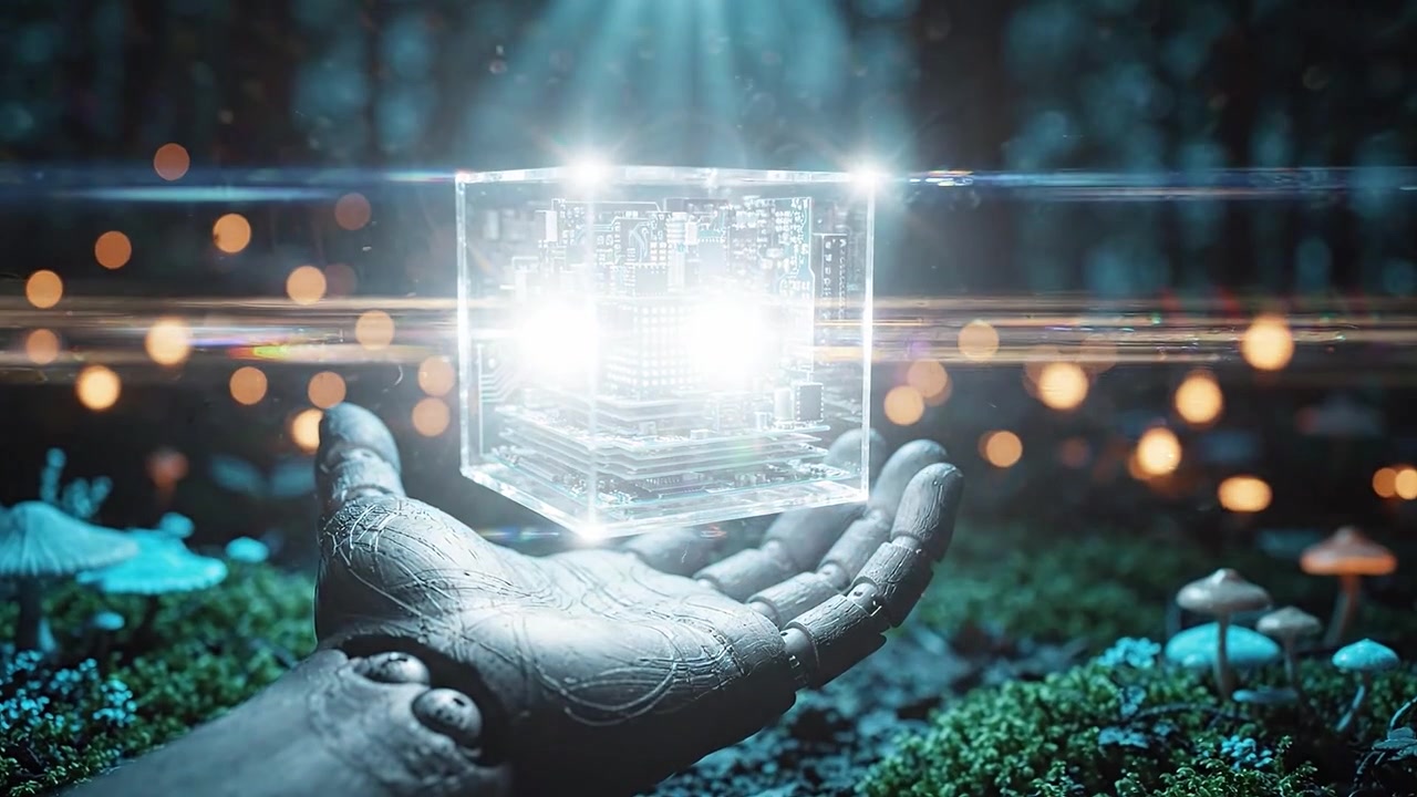 A hand emerges from enchanted forest shadows, holding a glowing transparent cube filled with intricate circuitry, blending technology with nature's beauty.