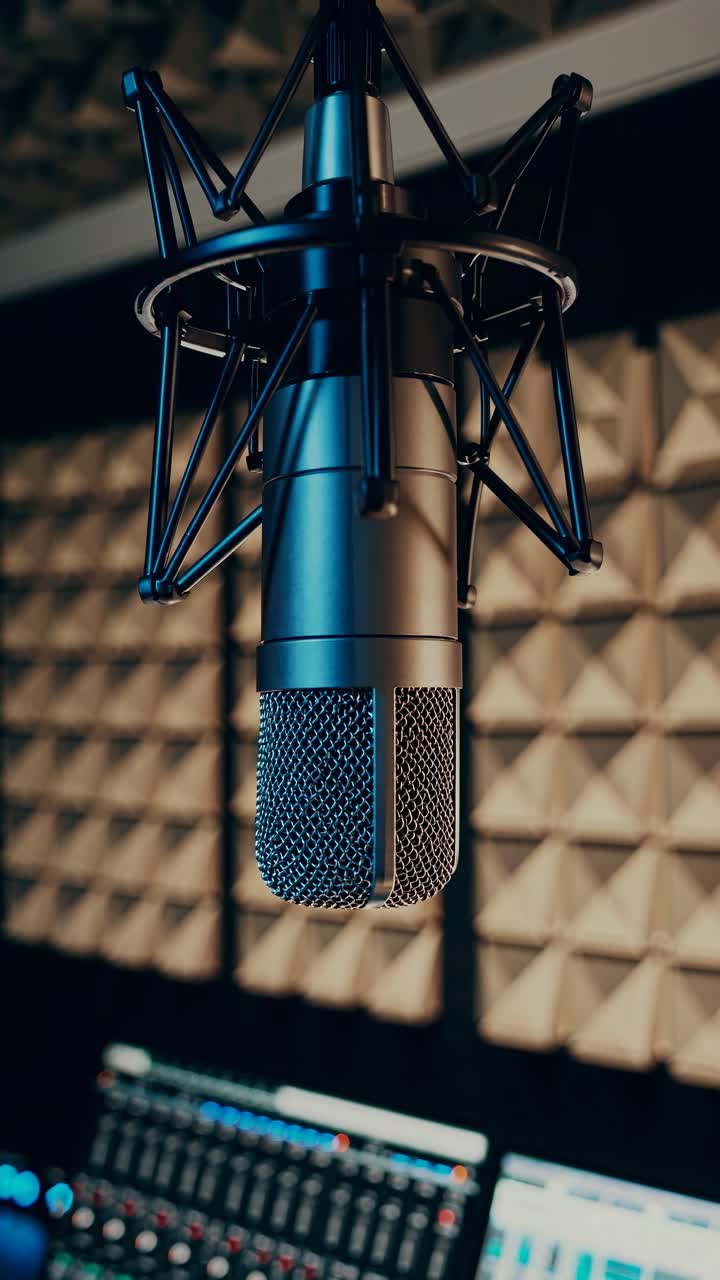 Close-up of a studio microphone with a blurred soundboard in the background, angled