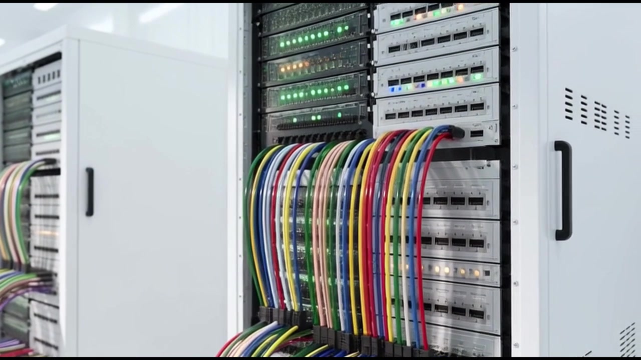 Server Rack with Colorful Ethernet Cables in Modern Data Center