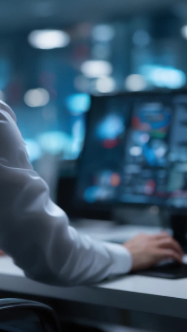 Focused Professional Analyzes Data on Computer Screen in a Modern Control Room Filled with Advanced Technology and Digital Interfaces