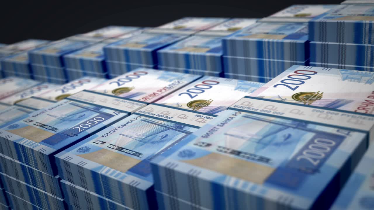 Russische Rubel (RUB) Banknotenpaket im Aufwärtstrend (Loop).