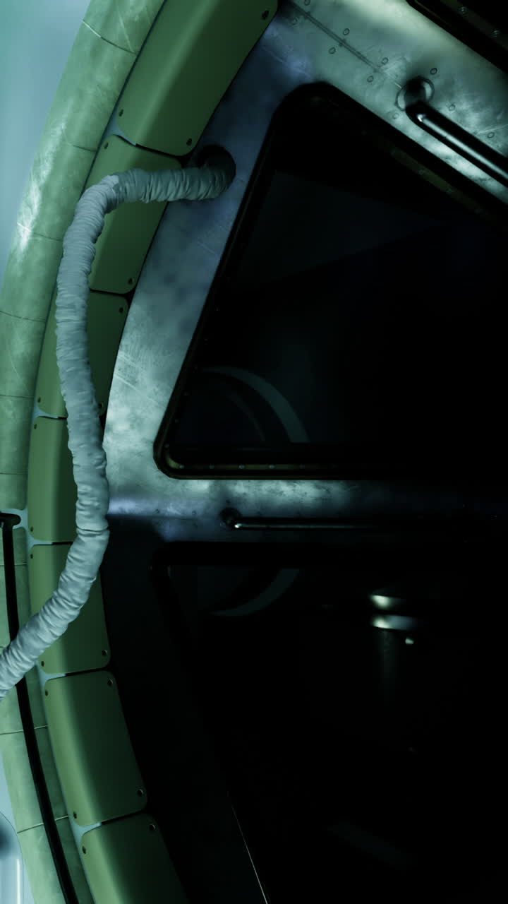 Exploring a spacecraft interior and its docking mechanism at night