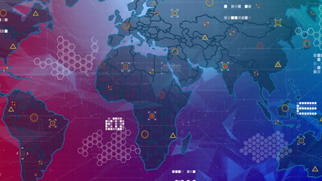 animation of world map with data processing over colourful background