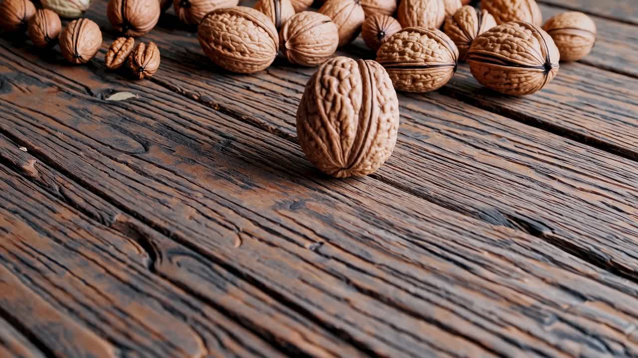Video ravvicinato di noci sparse su una superficie rustica in legno, ripreso da un angolo basso