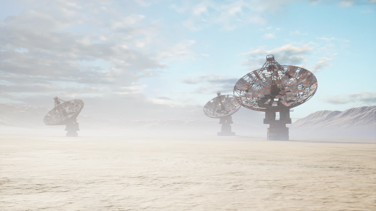 Derelict research facility shrouded in morning fog and weathered ruins