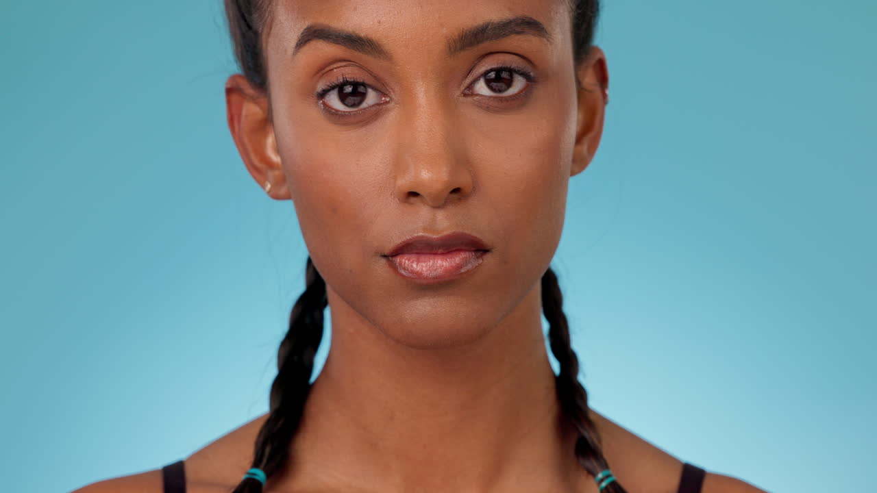 Fitness, phone or face of woman in studio