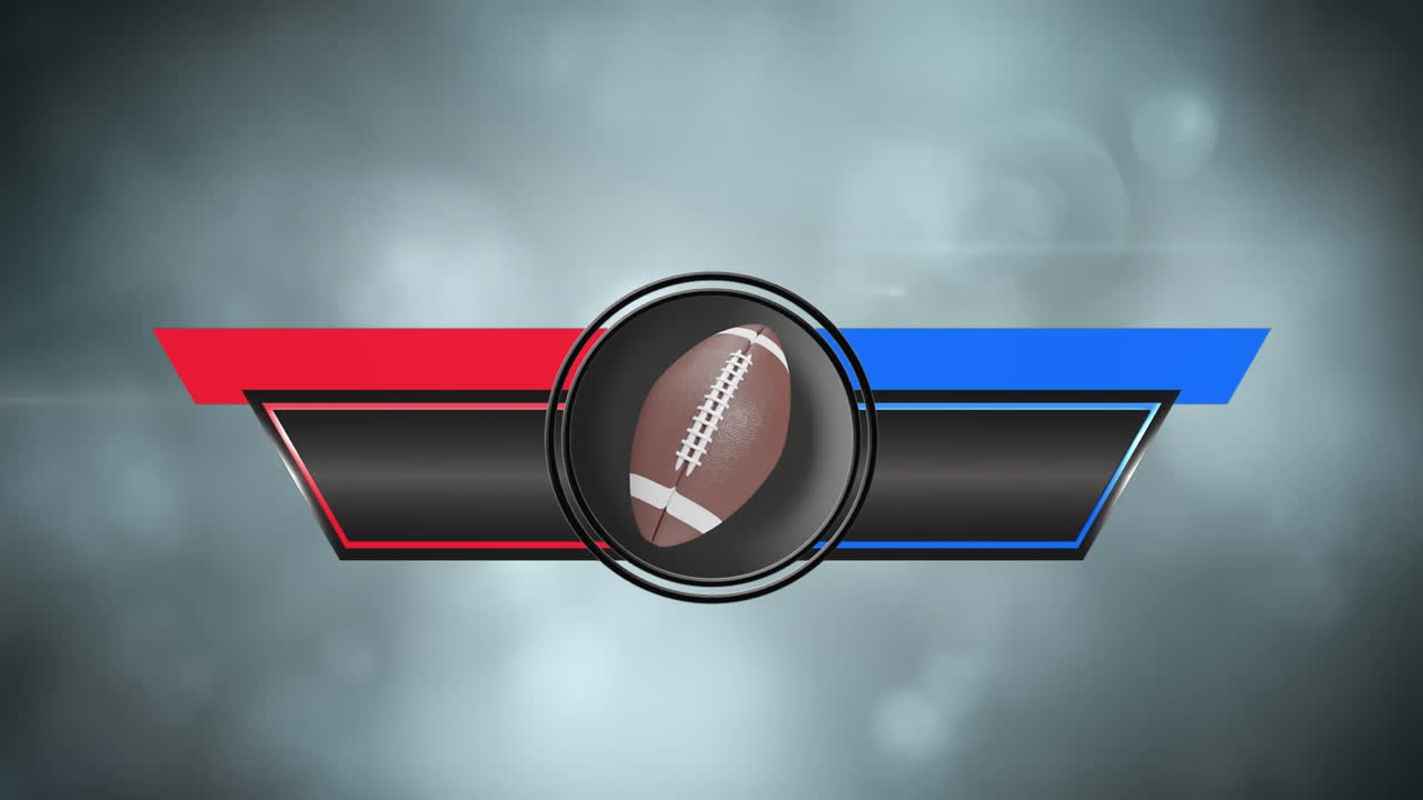 animación del equipo y los resultados del estandarte con pelota de rugby y espacio de copia sobre luces intermitentes