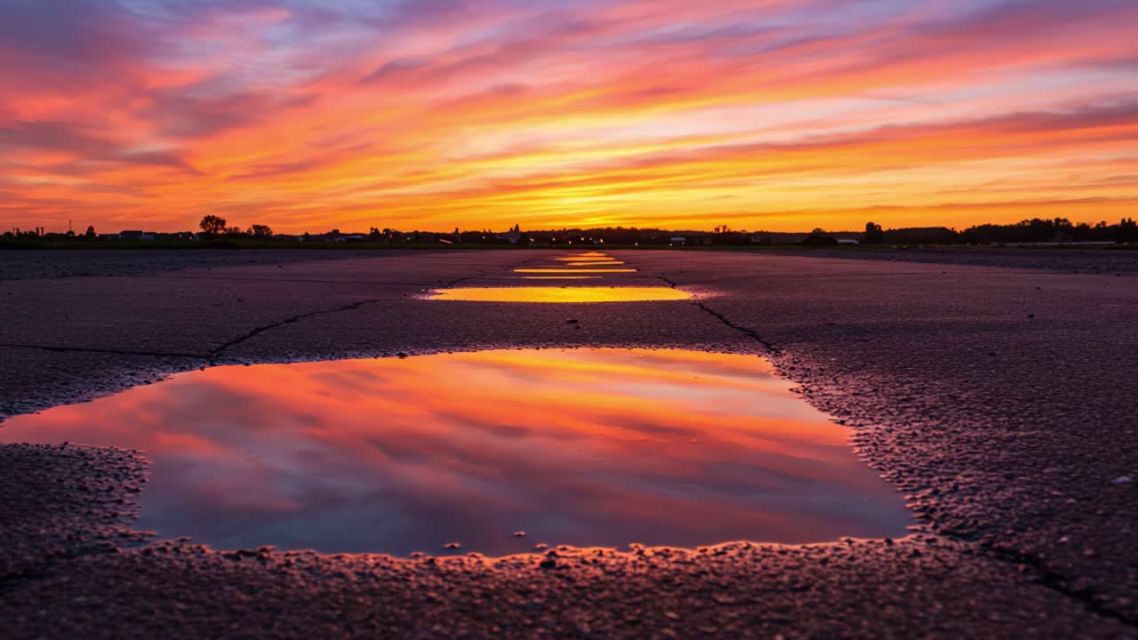 Vibrant Twilight Reflections: A Stunning Display of Colors in Puddles on the Ground under a Dramatic Sunset Sky