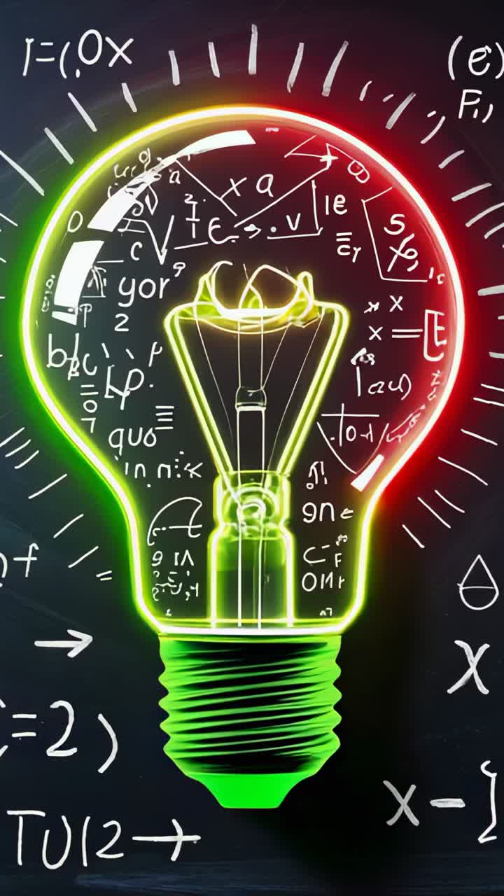 Vertical video: On start showing neon-lit bulb glowing red-green against chalkboard formulas