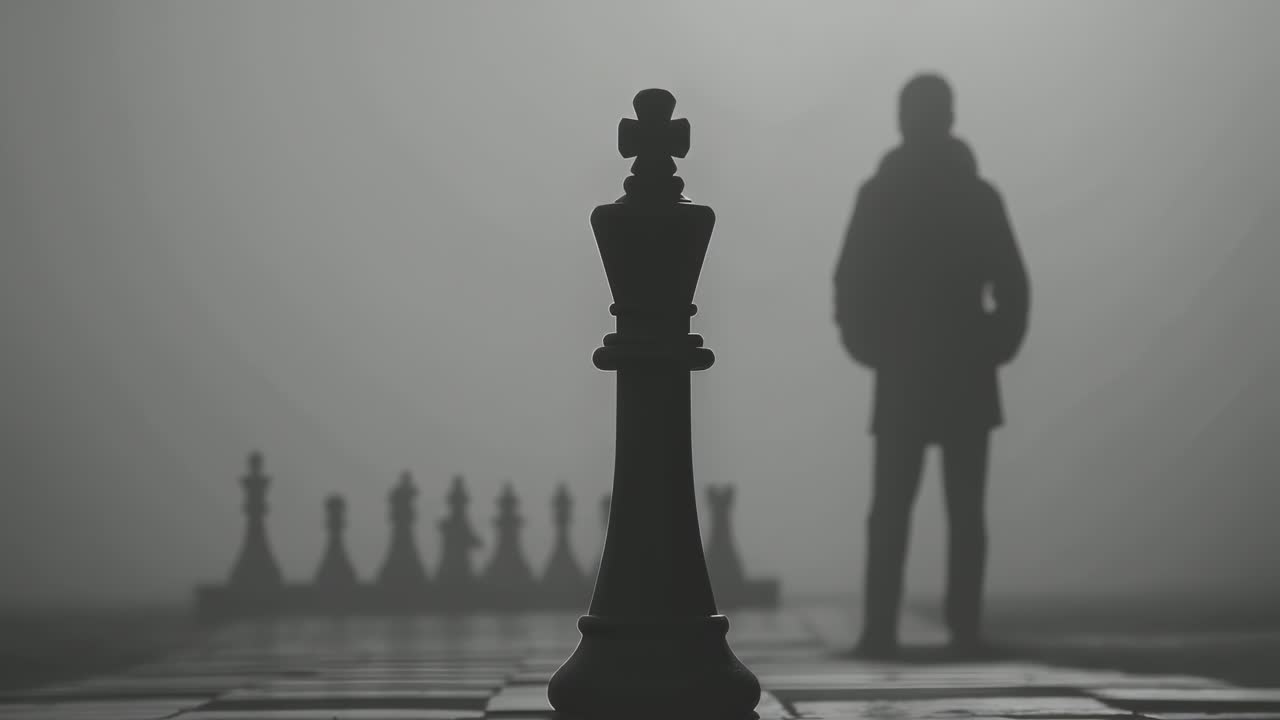 Chess King and Silhouette Figure in Fog