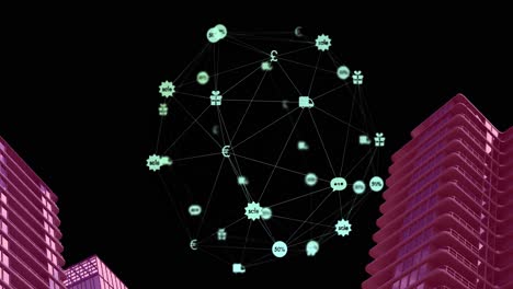 animation of globe of digital network of connections with icons over pink 3d cityscape model