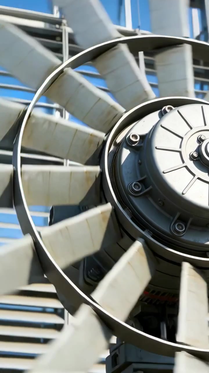 Vertical video: Powering motor driving fan blades rotating, venting louvers, hub, ring visible