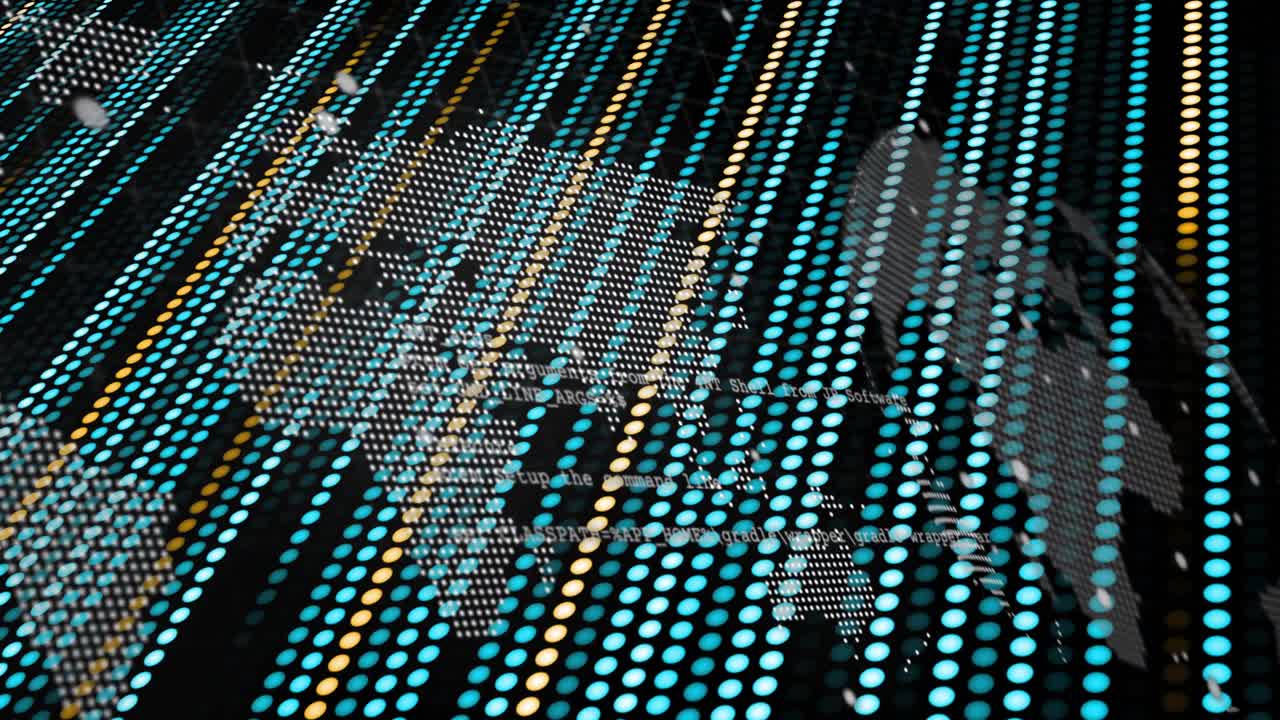 Camera shifting columns down while teal halftone map forming and code overlay showing global data