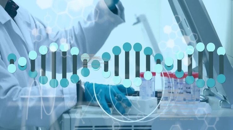 Animation of dna strand spinning over caucasian male scientist