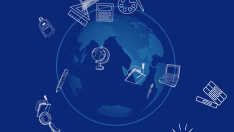 animation of school icons floating over blue globe and blue background