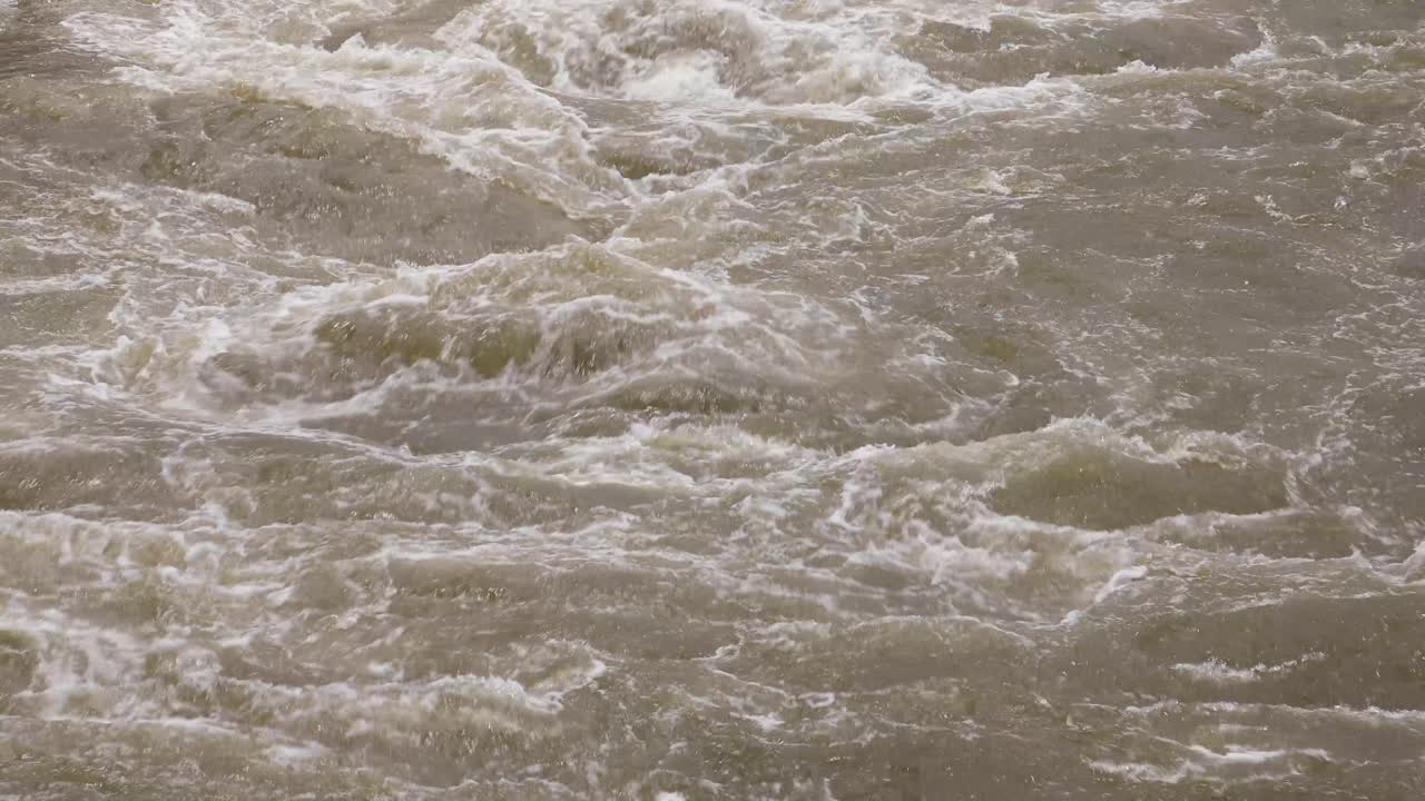 4K Murky Raging Water from a Reservoir in Thailand with Close Up of Current from Torrential Rainfall