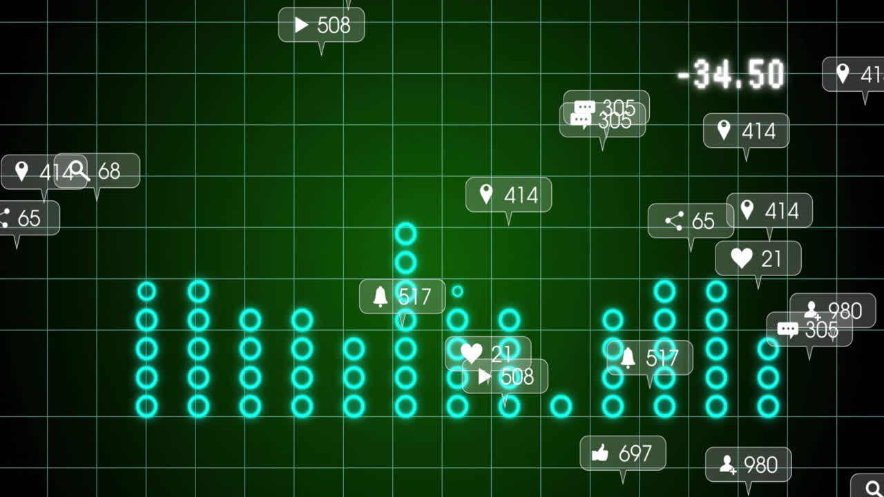 Neon cyan circles forming bar chart animating on dark grid interface, showing social media metrics