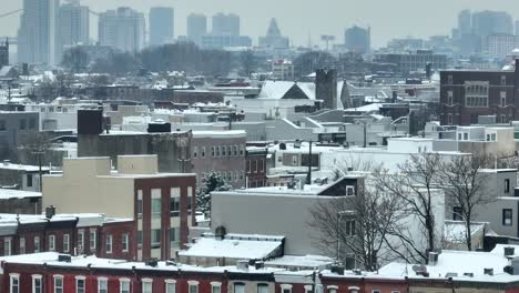 row houses in snowy city