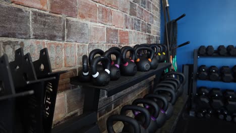 kettlebells lined up at gym