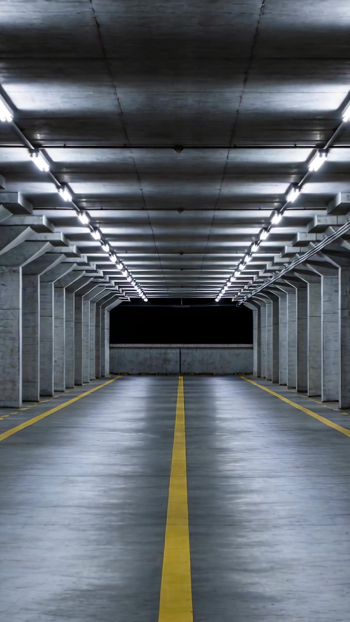 Video verticale: Telecamera in movimento che segue la corsia centrale verso un vuoto scuro in un garage, con linea centrale gialla.