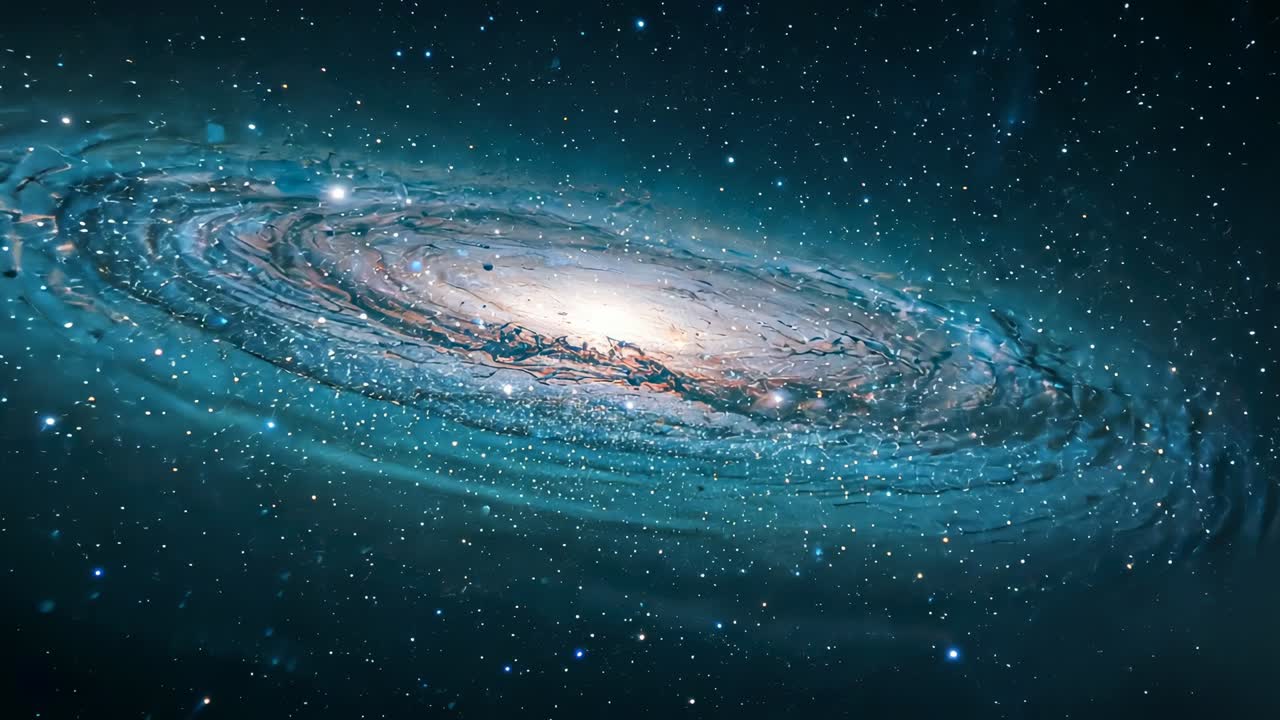 Rotating tilted spiral galaxy swirling around central bright core in outer space, with dust lanes