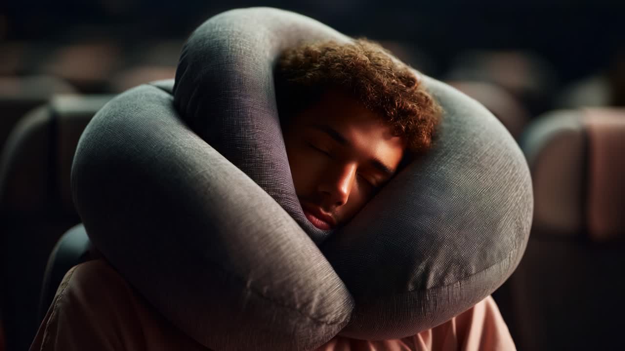 A Relaxed Traveler's Comfort: Captured Moments of a Man Sleeping Peacefully with a Neck Pillow on a Journey in a Cozy Aisle Seat