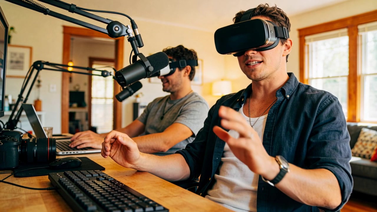 VR uyarısına tepki veren ön plandaki sunucu, podcast için ev stüdyosunda bom mikrofona konuşarak jestler yapıyor.