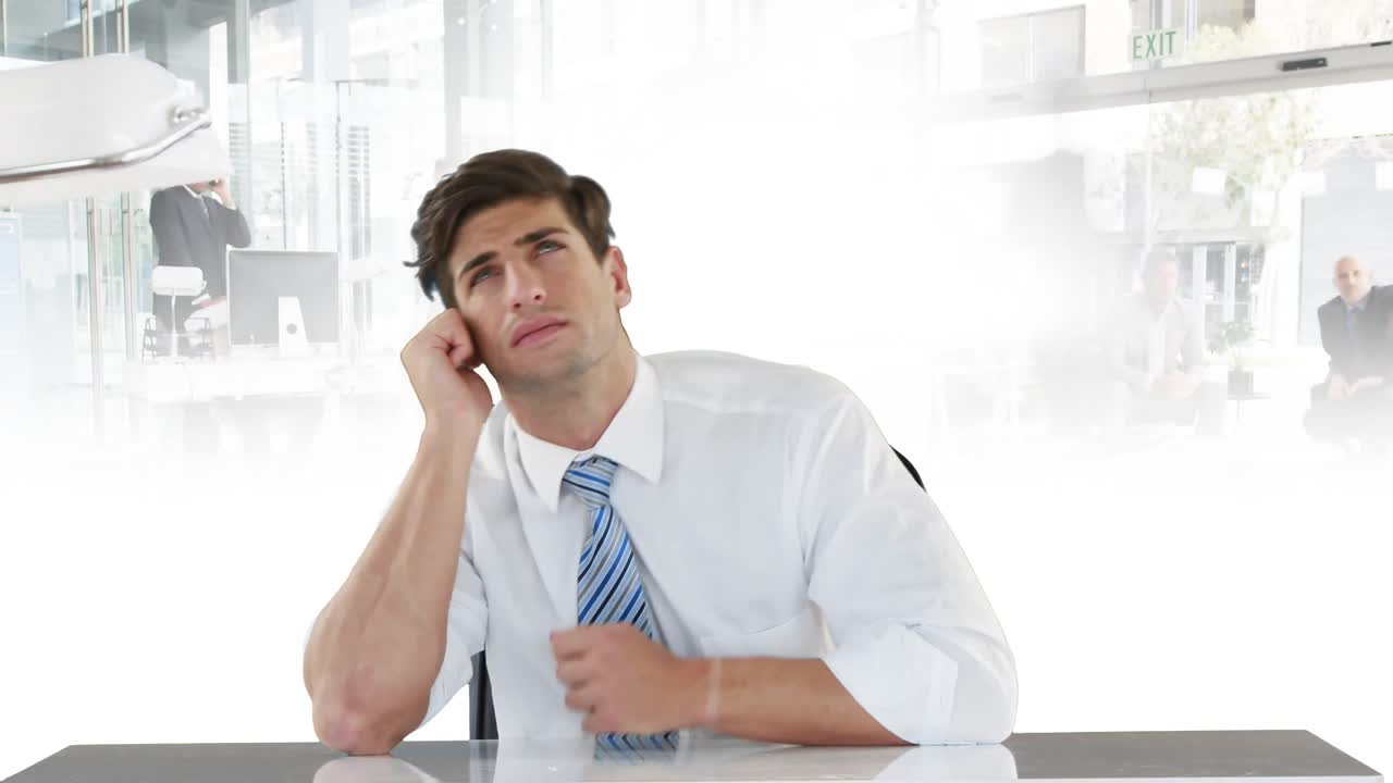 ⁇ 고 있는 사람 들 과 도시 풍경 위 에 있는 사무실 에 있는 백인 사업가 의 애니메이션