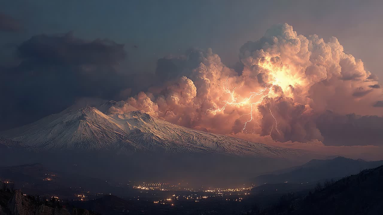 Spectacular Eruption of a Majestic Volcano Surrounded by Thunderstorms and Striking Lightning Illuminating the Night Sky and Volcanic Ash Clouds
