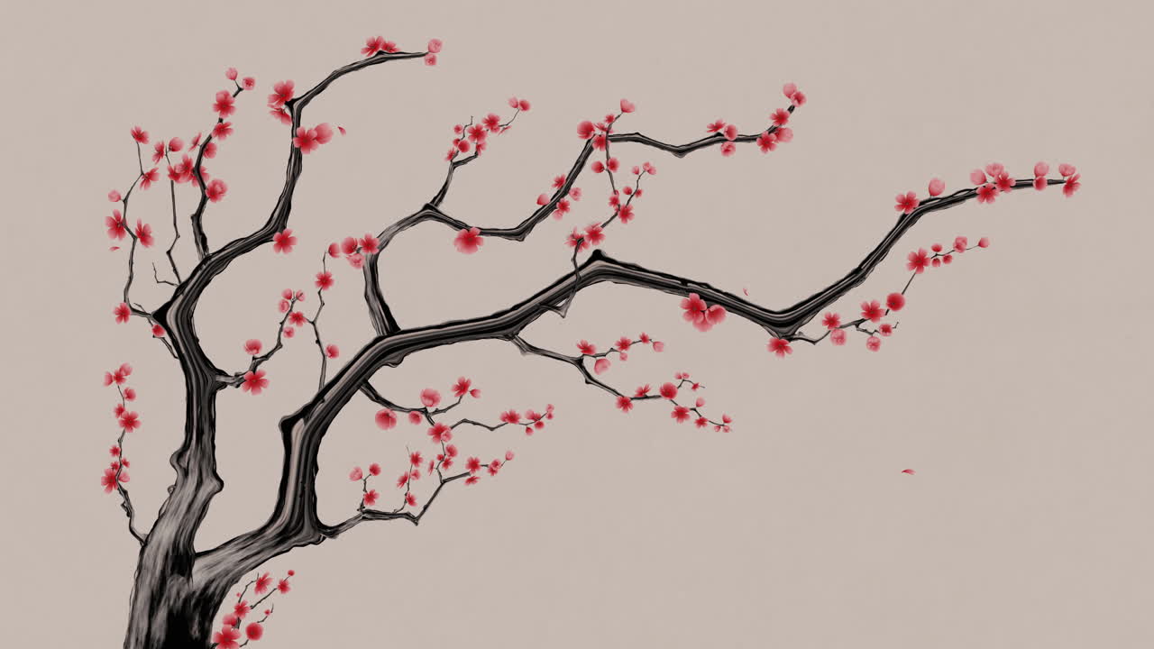 중국 잉크 페인팅 스타일의 플 꽃, 3d 렌더링