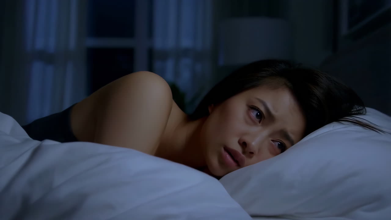 Woman suffering from insomnia in bed at night