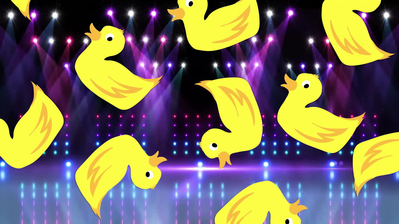 Cartoon yellow ducks being animated on stage, with colorful spotlights, LED dots and glossy floor