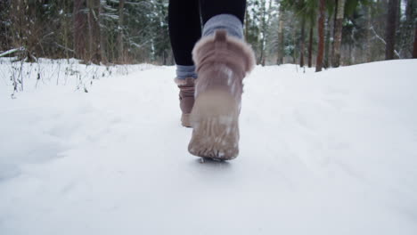 woman walking through a snowy forest