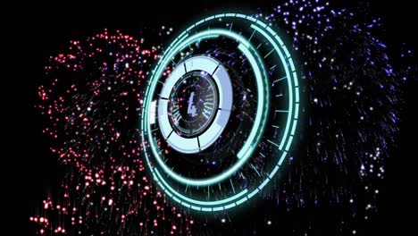 Countdown-timer-over-neon-blue-round-scanner-against-fireworks-exploding-on-black-background