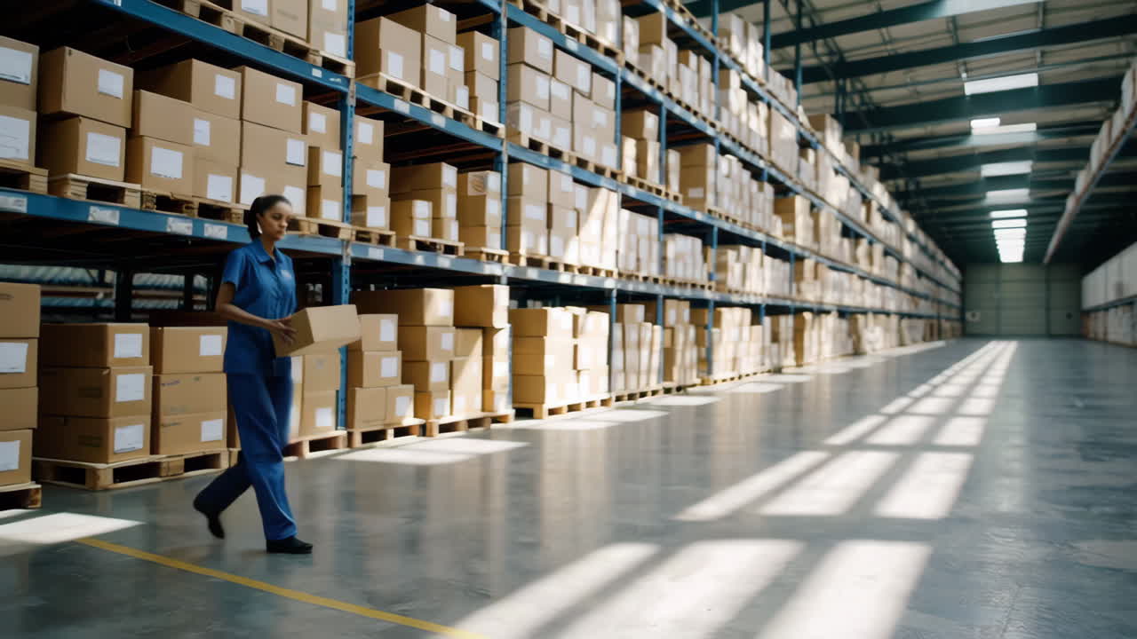 A Woman Working in a Warehouse Handling Boxes