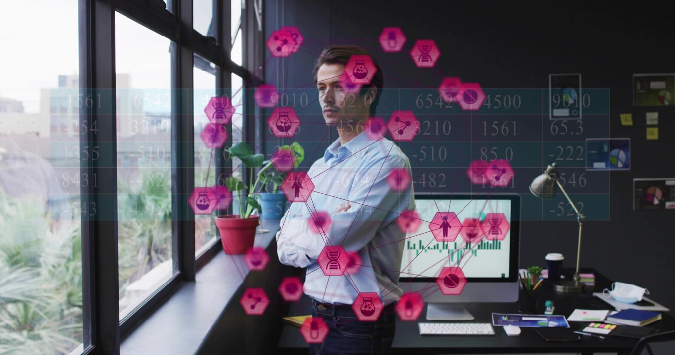 Professional man standing window observing magenta icons materializing into data analytics network
