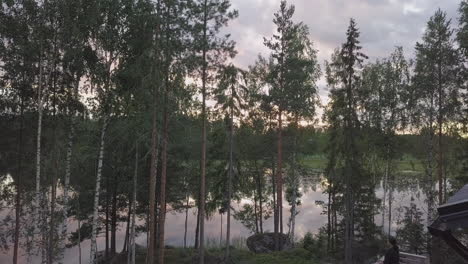 Luftdrohne-über-Sommerkabinenhaus-Mit-Frau,-Die-Bei-Sonnenuntergang-Seeblick-Genießt