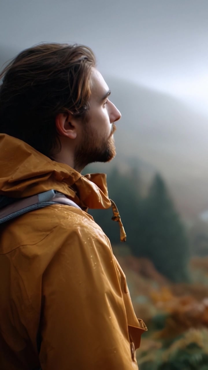 Esploratore contemplativo: Un uomo con una giacca antipioggia gialla osserva pensieroso un paesaggio nebbioso, abbracciando la bellezza della natura in un ambiente aspro