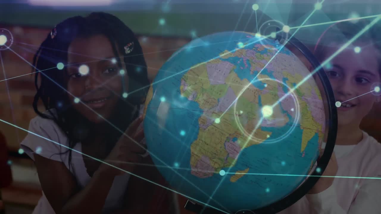 Red de conexiones sobre estudiantes diversos aprendiendo geografía usando un globo terráqueo en la escuela primaria