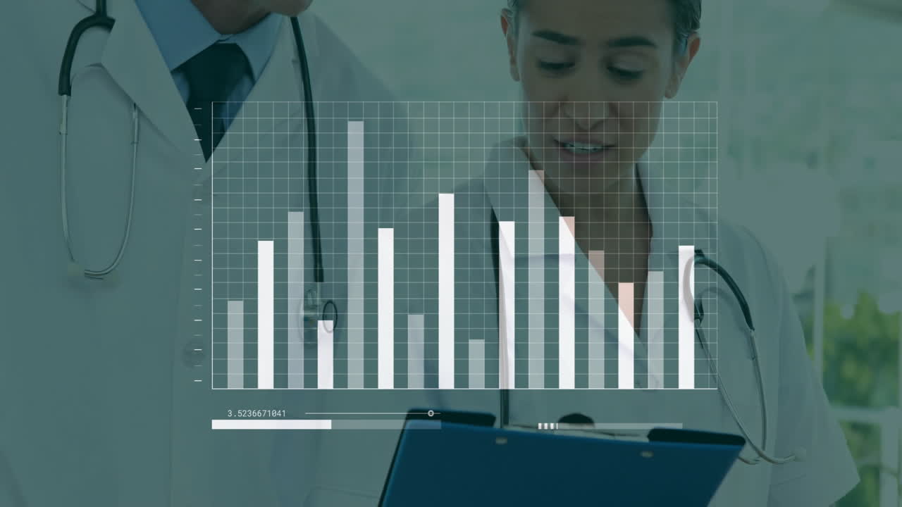 Doctors reviewing clipboard with bar chart data analysis animation over them