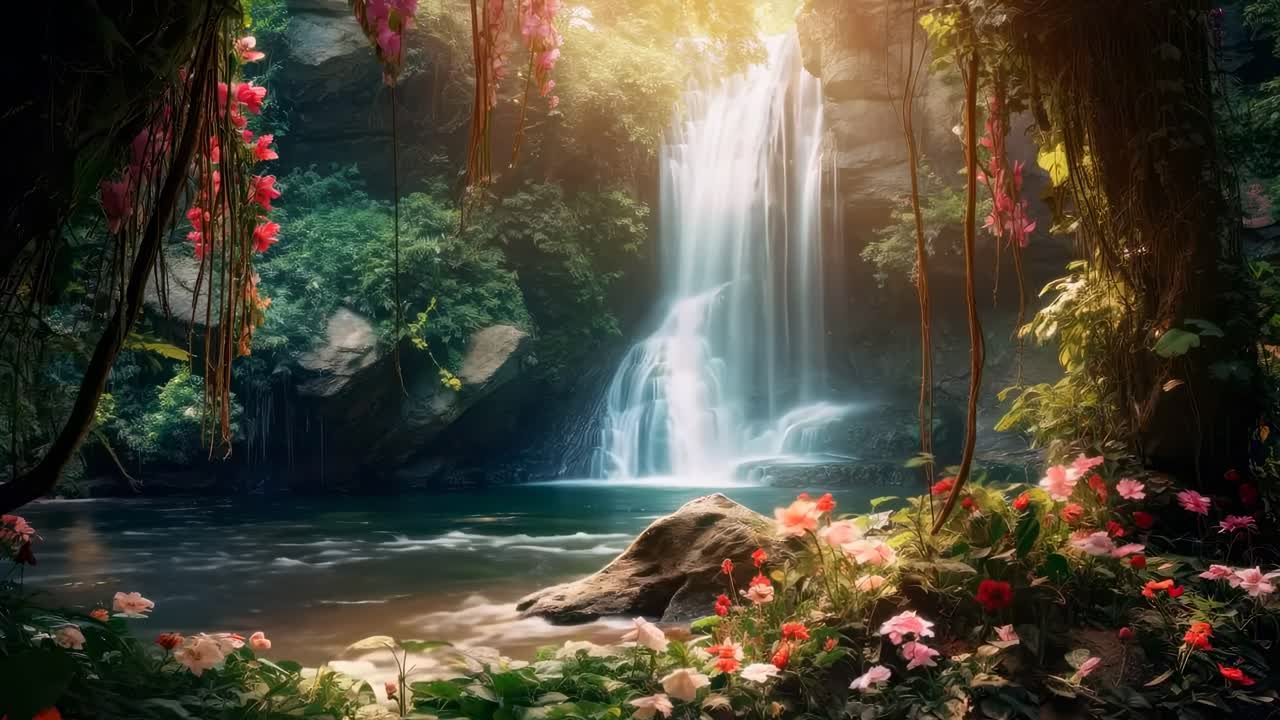 A tranquil waterfall in a lush jungle, captured from a low angle